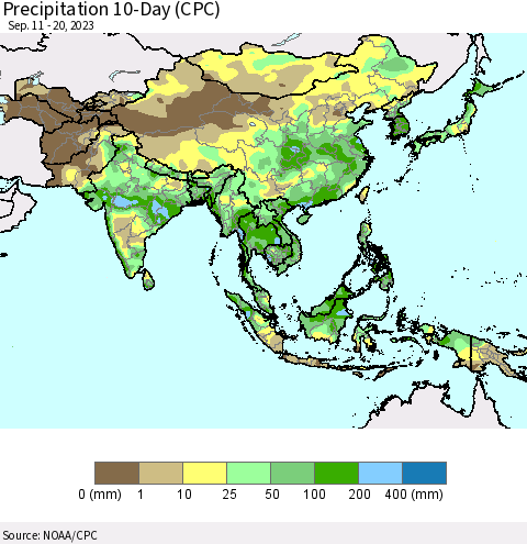 Asia Precipitation 10-Day (CPC) Thematic Map For 9/11/2023 - 9/20/2023
