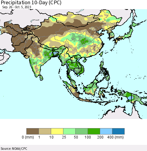 Asia Precipitation 10-Day (CPC) Thematic Map For 9/26/2023 - 10/5/2023