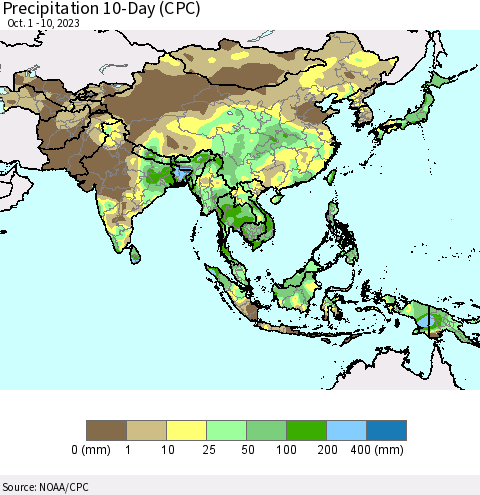 Asia Precipitation 10-Day (CPC) Thematic Map For 10/1/2023 - 10/10/2023