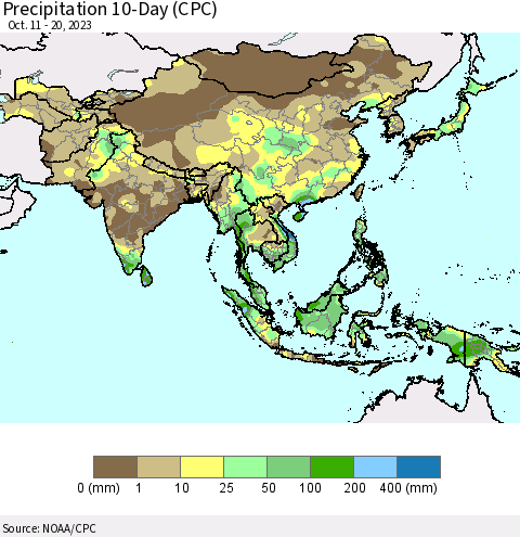 Asia Precipitation 10-Day (CPC) Thematic Map For 10/11/2023 - 10/20/2023