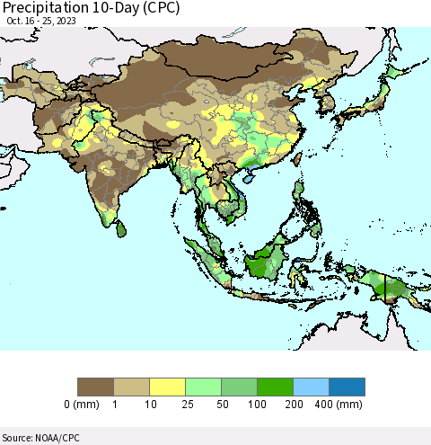 Asia Precipitation 10-Day (CPC) Thematic Map For 10/16/2023 - 10/25/2023