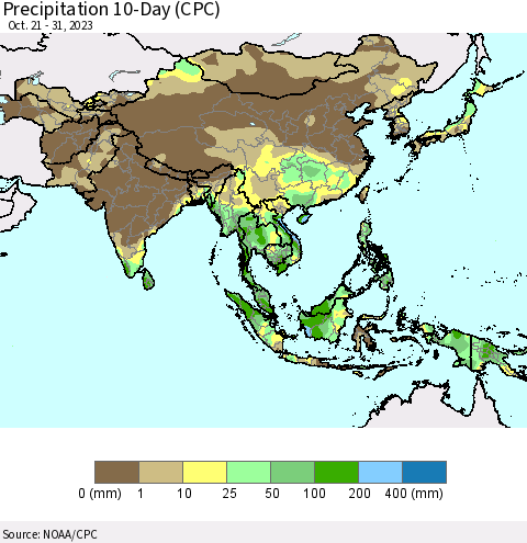 Asia Precipitation 10-Day (CPC) Thematic Map For 10/21/2023 - 10/31/2023