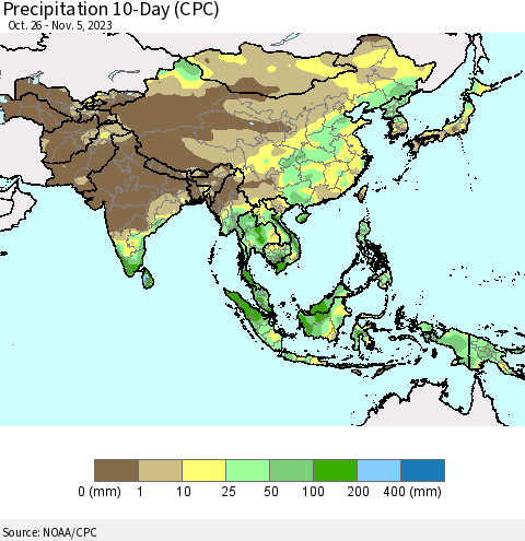 Asia Precipitation 10-Day (CPC) Thematic Map For 10/26/2023 - 11/5/2023