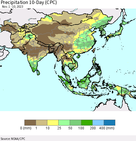 Asia Precipitation 10-Day (CPC) Thematic Map For 11/1/2023 - 11/10/2023