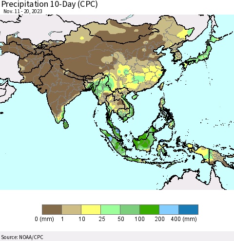 Asia Precipitation 10-Day (CPC) Thematic Map For 11/11/2023 - 11/20/2023