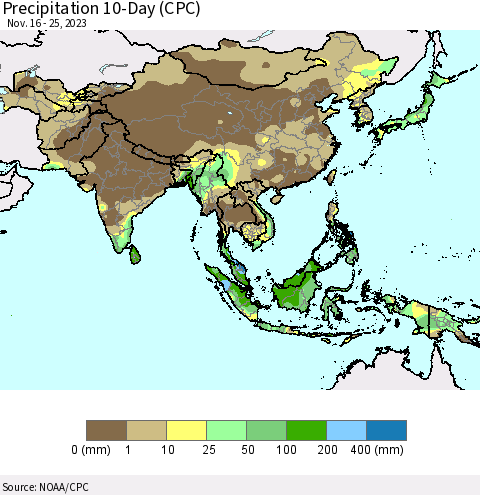 Asia Precipitation 10-Day (CPC) Thematic Map For 11/16/2023 - 11/25/2023