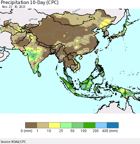 Asia Precipitation 10-Day (CPC) Thematic Map For 11/21/2023 - 11/30/2023
