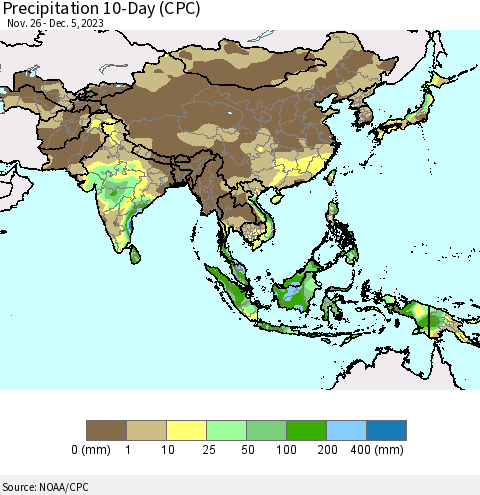Asia Precipitation 10-Day (CPC) Thematic Map For 11/26/2023 - 12/5/2023