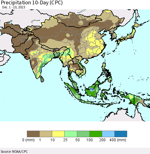 Asia Precipitation 10-Day (CPC) Thematic Map For 12/1/2023 - 12/10/2023