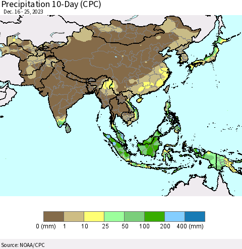 Asia Precipitation 10-Day (CPC) Thematic Map For 12/16/2023 - 12/25/2023