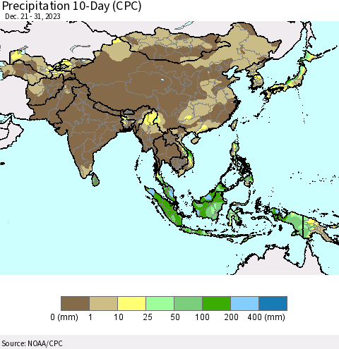 Asia Precipitation 10-Day (CPC) Thematic Map For 12/21/2023 - 12/31/2023