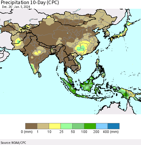 Asia Precipitation 10-Day (CPC) Thematic Map For 12/26/2023 - 1/5/2024
