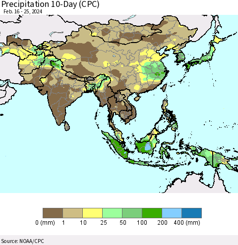 Asia Precipitation 10-Day (CPC) Thematic Map For 2/16/2024 - 2/25/2024