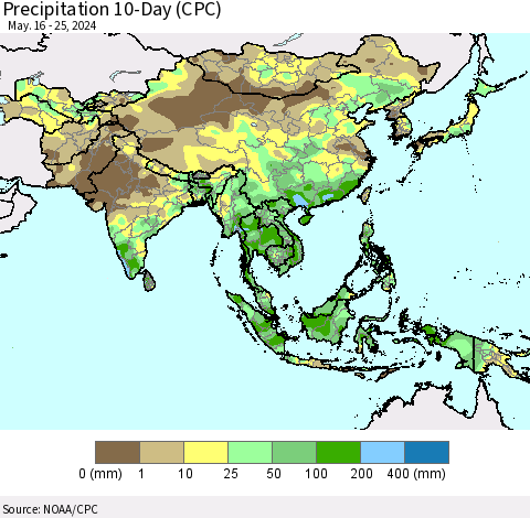 Asia Precipitation 10-Day (CPC) Thematic Map For 5/16/2024 - 5/25/2024