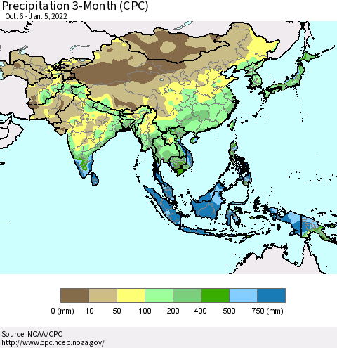 Asia Precipitation 3-Month (CPC) Thematic Map For 10/6/2021 - 1/5/2022