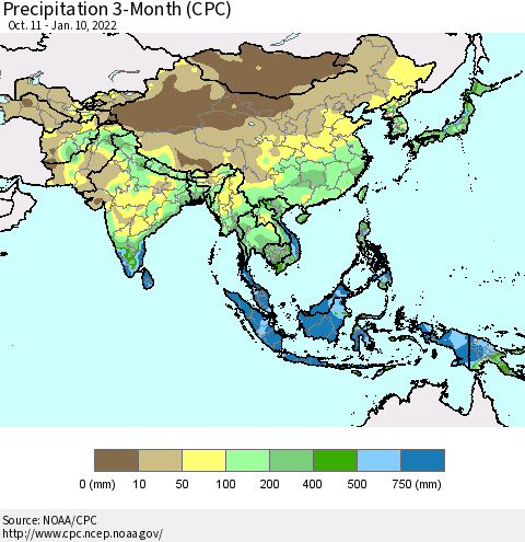 Asia Precipitation 3-Month (CPC) Thematic Map For 10/11/2021 - 1/10/2022