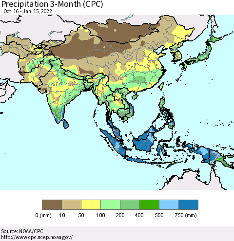 Asia Precipitation 3-Month (CPC) Thematic Map For 10/16/2021 - 1/15/2022