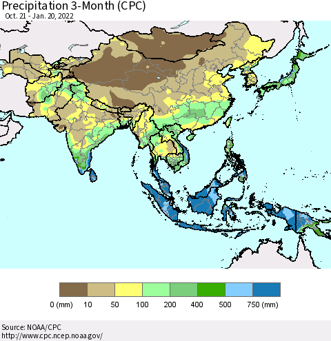 Asia Precipitation 3-Month (CPC) Thematic Map For 10/21/2021 - 1/20/2022