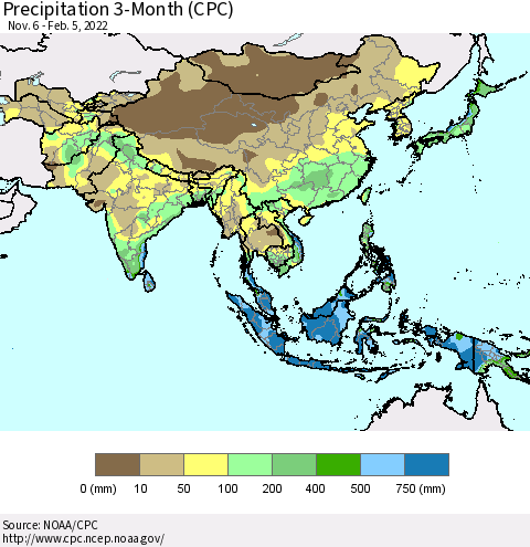 Asia Precipitation 3-Month (CPC) Thematic Map For 11/6/2021 - 2/5/2022