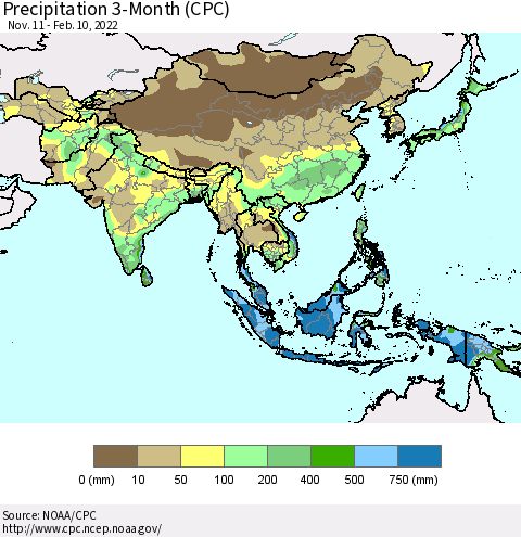 Asia Precipitation 3-Month (CPC) Thematic Map For 11/11/2021 - 2/10/2022