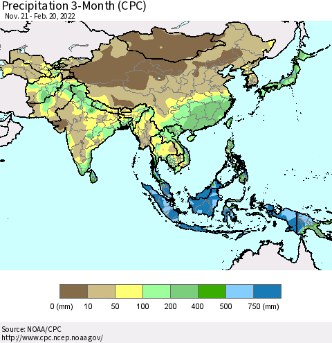 Asia Precipitation 3-Month (CPC) Thematic Map For 11/21/2021 - 2/20/2022