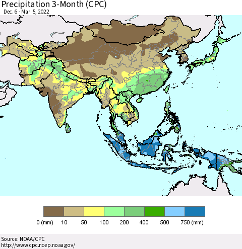 Asia Precipitation 3-Month (CPC) Thematic Map For 12/6/2021 - 3/5/2022