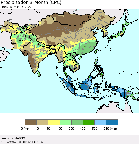 Asia Precipitation 3-Month (CPC) Thematic Map For 12/16/2021 - 3/15/2022