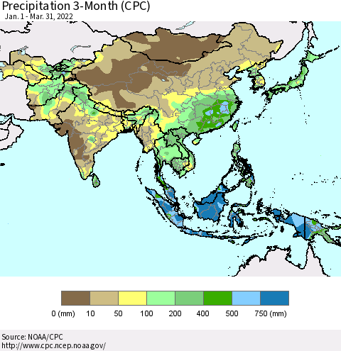 Asia Precipitation 3-Month (CPC) Thematic Map For 1/1/2022 - 3/31/2022