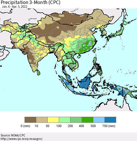 Asia Precipitation 3-Month (CPC) Thematic Map For 1/6/2022 - 4/5/2022