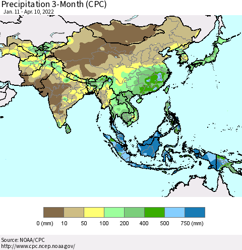 Asia Precipitation 3-Month (CPC) Thematic Map For 1/11/2022 - 4/10/2022