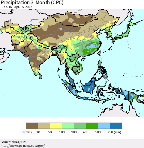 Asia Precipitation 3-Month (CPC) Thematic Map For 1/16/2022 - 4/15/2022