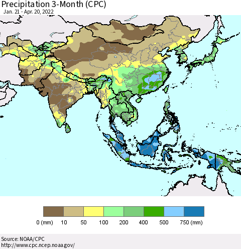 Asia Precipitation 3-Month (CPC) Thematic Map For 1/21/2022 - 4/20/2022