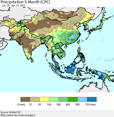 Asia Precipitation 3-Month (CPC) Thematic Map For 1/26/2022 - 4/25/2022