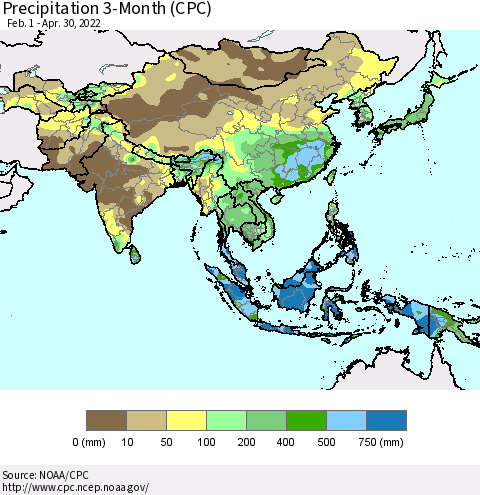 Asia Precipitation 3-Month (CPC) Thematic Map For 2/1/2022 - 4/30/2022