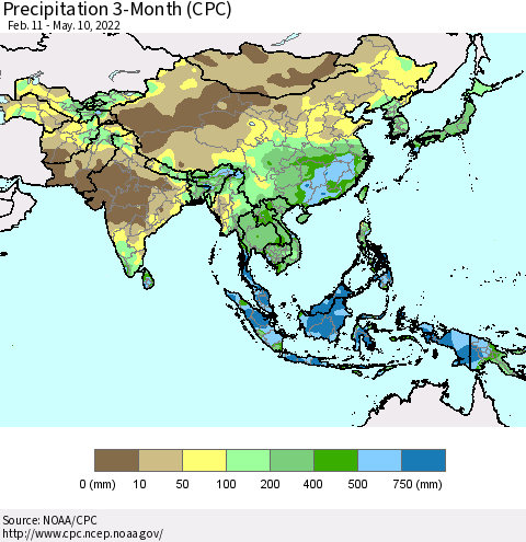 Asia Precipitation 3-Month (CPC) Thematic Map For 2/11/2022 - 5/10/2022