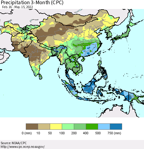 Asia Precipitation 3-Month (CPC) Thematic Map For 2/16/2022 - 5/15/2022