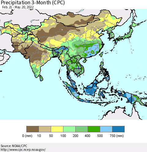Asia Precipitation 3-Month (CPC) Thematic Map For 2/21/2022 - 5/20/2022