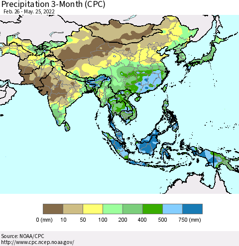 Asia Precipitation 3-Month (CPC) Thematic Map For 2/26/2022 - 5/25/2022