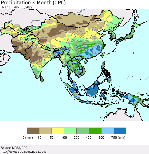 Asia Precipitation 3-Month (CPC) Thematic Map For 3/1/2022 - 5/31/2022