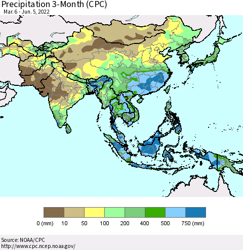 Asia Precipitation 3-Month (CPC) Thematic Map For 3/6/2022 - 6/5/2022