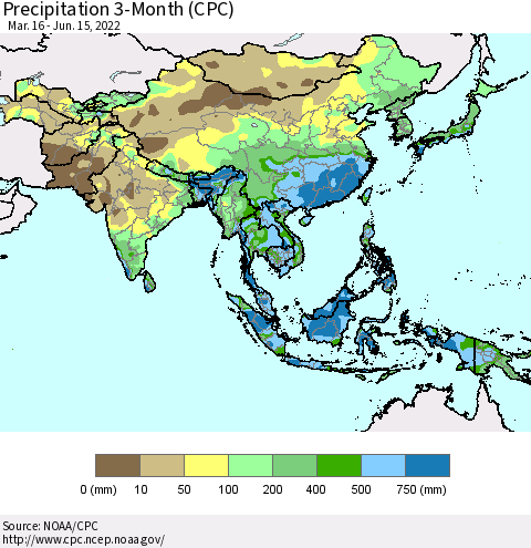 Asia Precipitation 3-Month (CPC) Thematic Map For 3/16/2022 - 6/15/2022