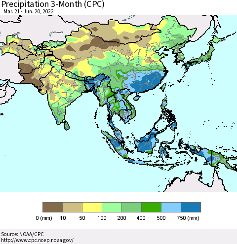 Asia Precipitation 3-Month (CPC) Thematic Map For 3/21/2022 - 6/20/2022