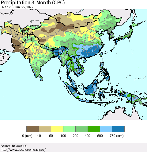 Asia Precipitation 3-Month (CPC) Thematic Map For 3/26/2022 - 6/25/2022
