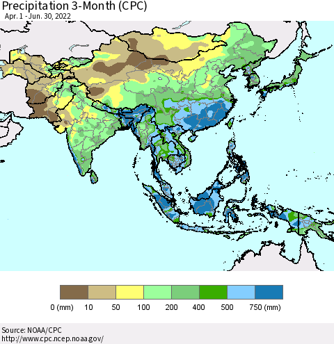 Asia Precipitation 3-Month (CPC) Thematic Map For 4/1/2022 - 6/30/2022