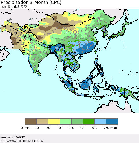 Asia Precipitation 3-Month (CPC) Thematic Map For 4/6/2022 - 7/5/2022