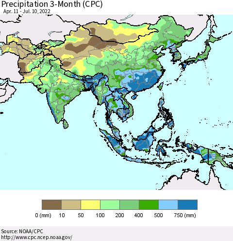 Asia Precipitation 3-Month (CPC) Thematic Map For 4/11/2022 - 7/10/2022