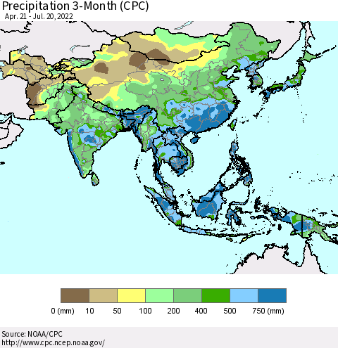 Asia Precipitation 3-Month (CPC) Thematic Map For 4/21/2022 - 7/20/2022