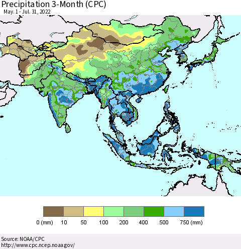 Asia Precipitation 3-Month (CPC) Thematic Map For 5/1/2022 - 7/31/2022