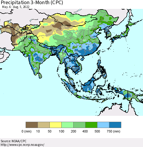 Asia Precipitation 3-Month (CPC) Thematic Map For 5/6/2022 - 8/5/2022