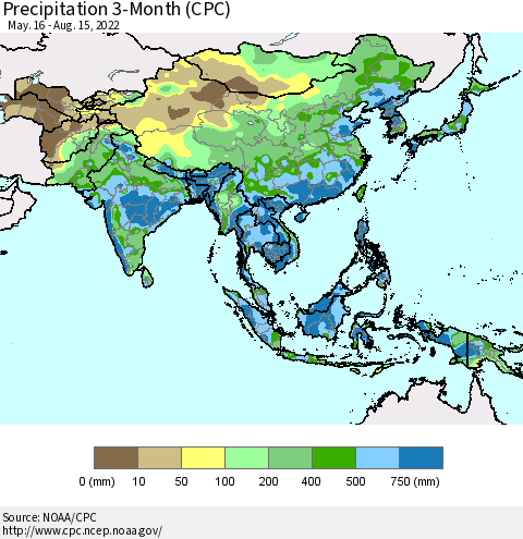 Asia Precipitation 3-Month (CPC) Thematic Map For 5/16/2022 - 8/15/2022